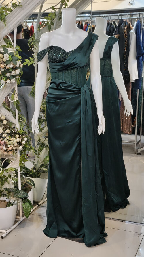 Emerald Green Off Shoulder Faeriesty Satin Long Gown