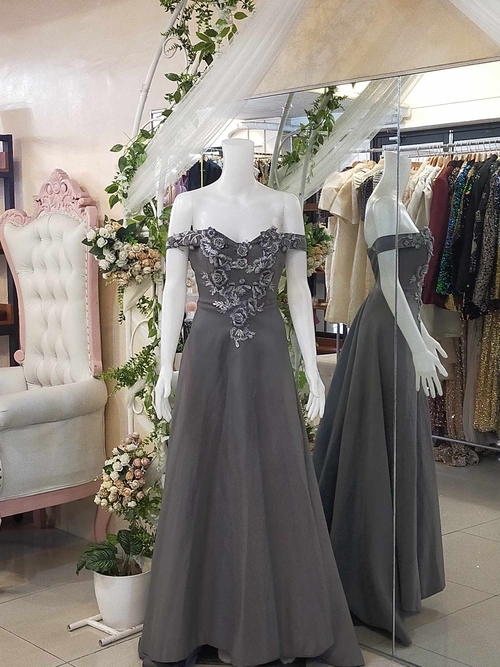 Gray Offshoulder Flower Embroid A line Gown