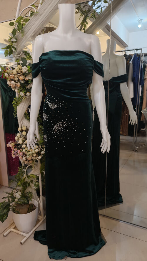 Plus Size Emerald Green Velvet Rhinestone Long Gown