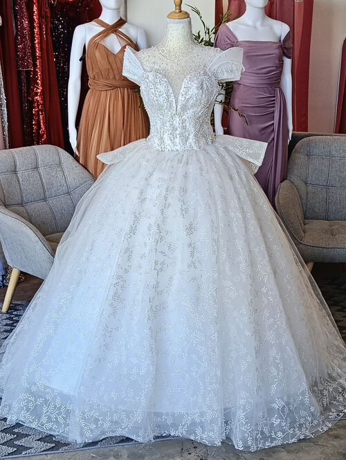 Deep V-neck Beaded Bodice and Off-shoulder Sleeves Wedding Gown