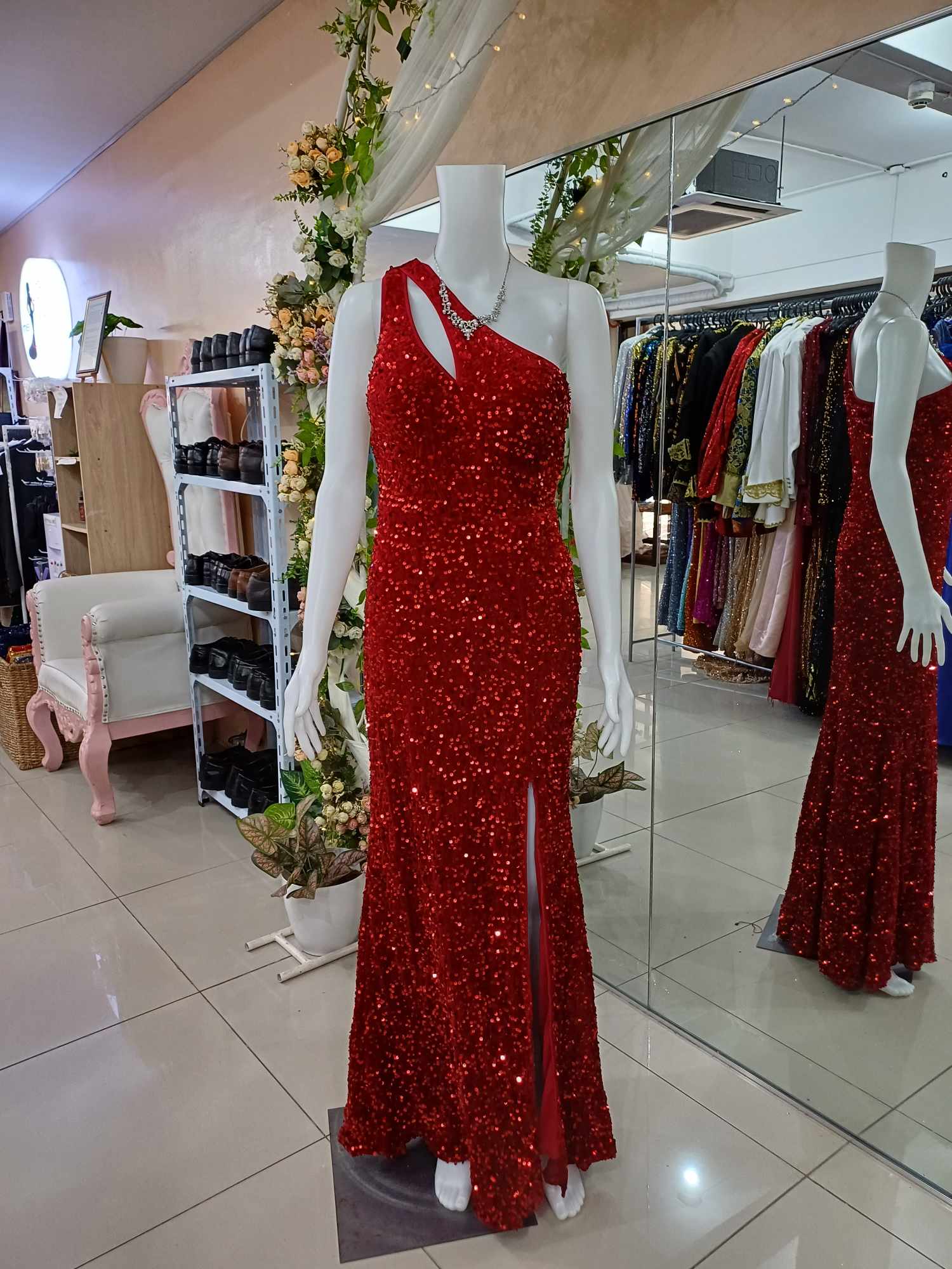 Red One Shoulder Full Sequins Glittery Slit Long Gown