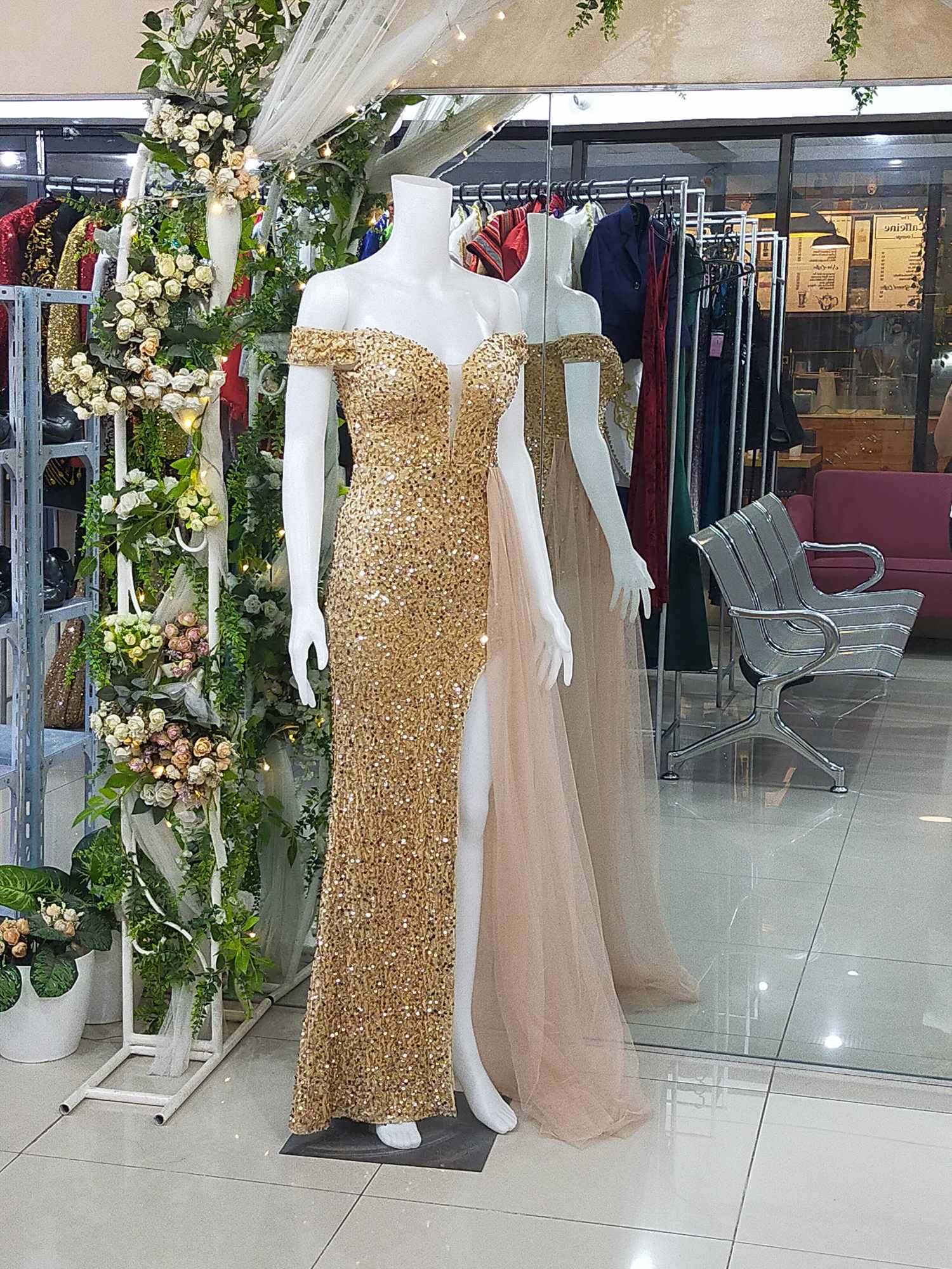Offshoulder Gold Sequins Glittery With Side Slit & Mesh Drape Long Gown