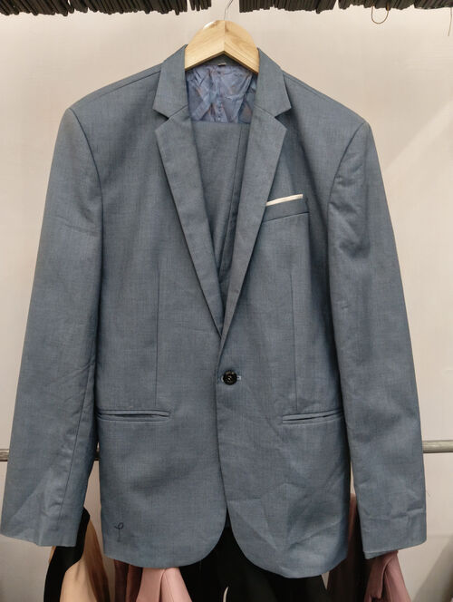 Dusty Blue White Ribbon Pocket Suit Set