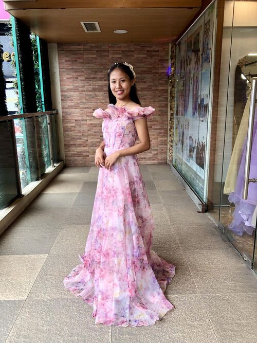 Glamrae Elegant Romantic Off Shoulder Ruffles Floral Gown